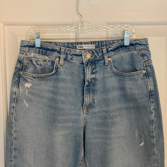 Zara High Rise Distressed Straight Leg Jeans Blue 33821 - Picture 3 of 12